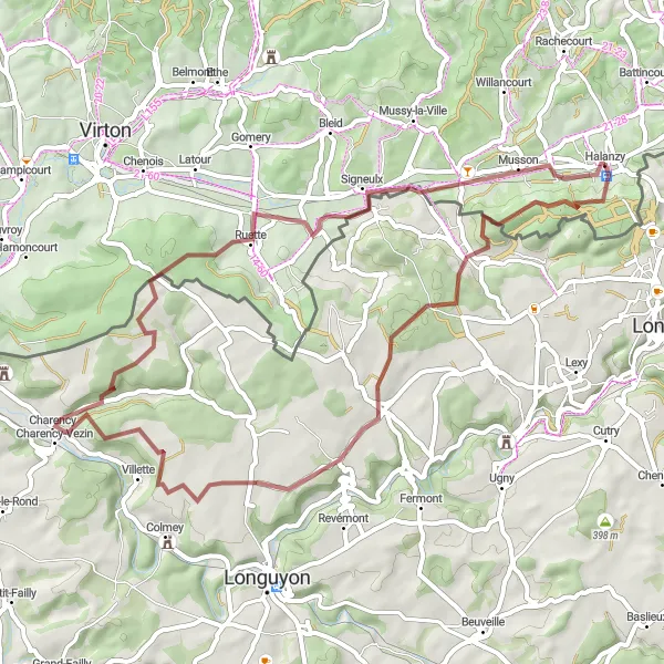 Map miniature of "The Charming Gravel Path" cycling inspiration in Prov. Luxembourg (BE), Belgium. Generated by Tarmacs.app cycling route planner