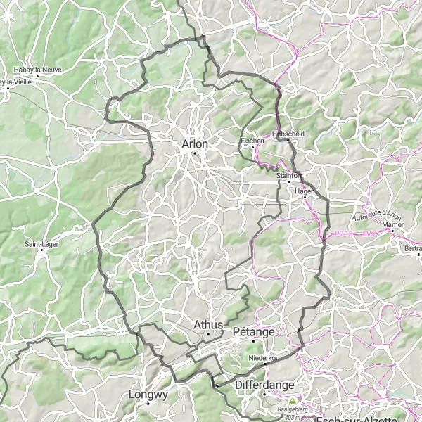 Karten-Miniaturansicht der Radinspiration "Rundfahrt zu den Sehenswürdigkeiten von Garnich" in Prov. Luxembourg (BE), Belgium. Erstellt vom Tarmacs.app-Routenplaner für Radtouren