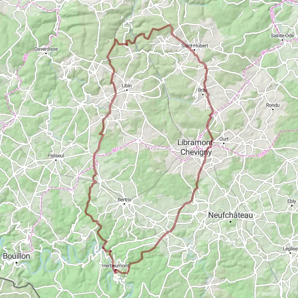 Map miniature of "Gravel Adventure with Amazing Views" cycling inspiration in Prov. Luxembourg (BE), Belgium. Generated by Tarmacs.app cycling route planner