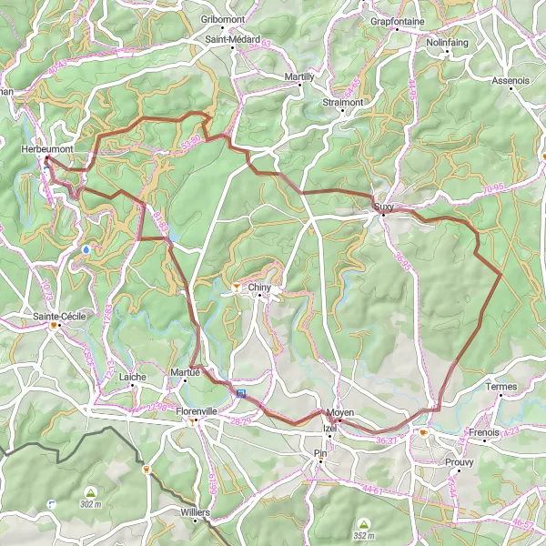 Map miniature of "Gravel Cycling Route near Herbeumont" cycling inspiration in Prov. Luxembourg (BE), Belgium. Generated by Tarmacs.app cycling route planner