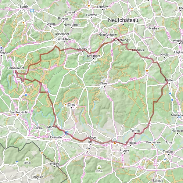 Map miniature of "Gravel Adventure in Herbeumont" cycling inspiration in Prov. Luxembourg (BE), Belgium. Generated by Tarmacs.app cycling route planner