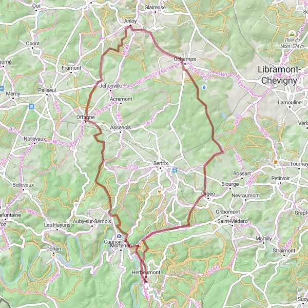 Map miniature of "Countryside Escape on Gravel Tracks" cycling inspiration in Prov. Luxembourg (BE), Belgium. Generated by Tarmacs.app cycling route planner