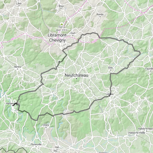 Miniature de la carte de l'inspiration cycliste "Escapade à travers Grandvoir et Léglise" dans la Prov. Luxembourg (BE), Belgium. Générée par le planificateur d'itinéraire cycliste Tarmacs.app