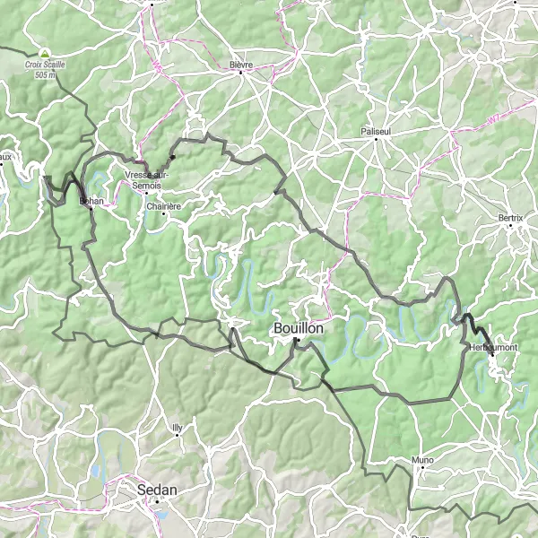 Map miniature of "Challenging Road Cycling Route" cycling inspiration in Prov. Luxembourg (BE), Belgium. Generated by Tarmacs.app cycling route planner