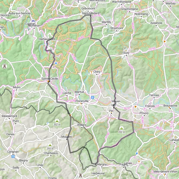 Map miniature of "Road Cycling Route near Herbeumont" cycling inspiration in Prov. Luxembourg (BE), Belgium. Generated by Tarmacs.app cycling route planner