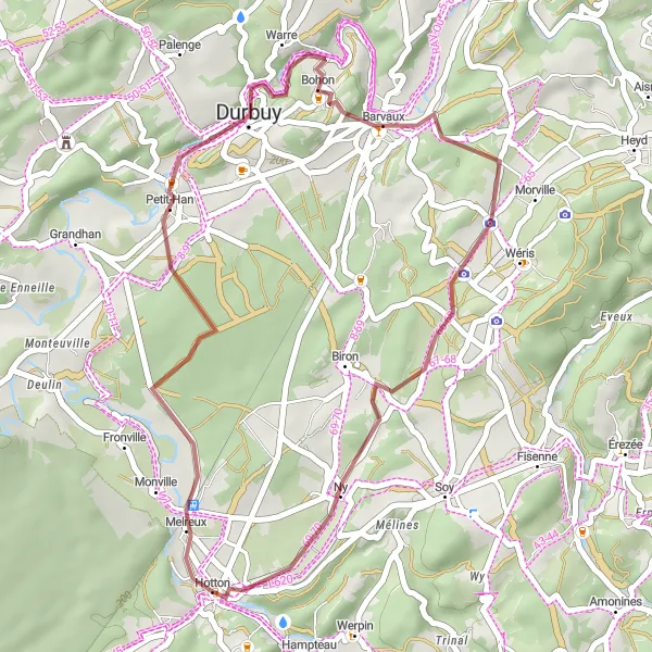 Karten-Miniaturansicht der Radinspiration "Gravel-Pfad durch die Natur von Hotton" in Prov. Luxembourg (BE), Belgium. Erstellt vom Tarmacs.app-Routenplaner für Radtouren