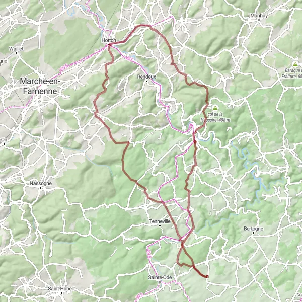 Map miniature of "The Hotton Gravel Ride" cycling inspiration in Prov. Luxembourg (BE), Belgium. Generated by Tarmacs.app cycling route planner