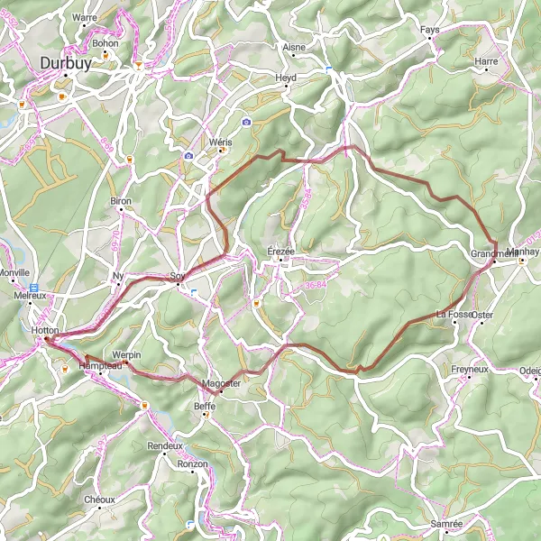 Map miniature of "Gravel Adventure: Hotton to Werpin" cycling inspiration in Prov. Luxembourg (BE), Belgium. Generated by Tarmacs.app cycling route planner