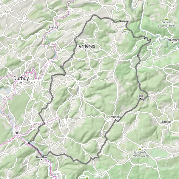 Map miniature of "Grand Loop of Hotton to Hampteau" cycling inspiration in Prov. Luxembourg (BE), Belgium. Generated by Tarmacs.app cycling route planner