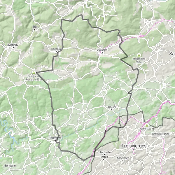 Miniature de la carte de l'inspiration cycliste "Boucle de Houffalize à travers les Ardennes" dans la Prov. Luxembourg (BE), Belgium. Générée par le planificateur d'itinéraire cycliste Tarmacs.app