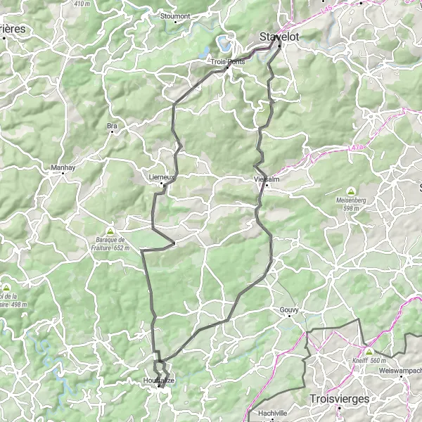 Map miniature of "Houffalize - Taverneux Circular Road Cycling Route" cycling inspiration in Prov. Luxembourg (BE), Belgium. Generated by Tarmacs.app cycling route planner