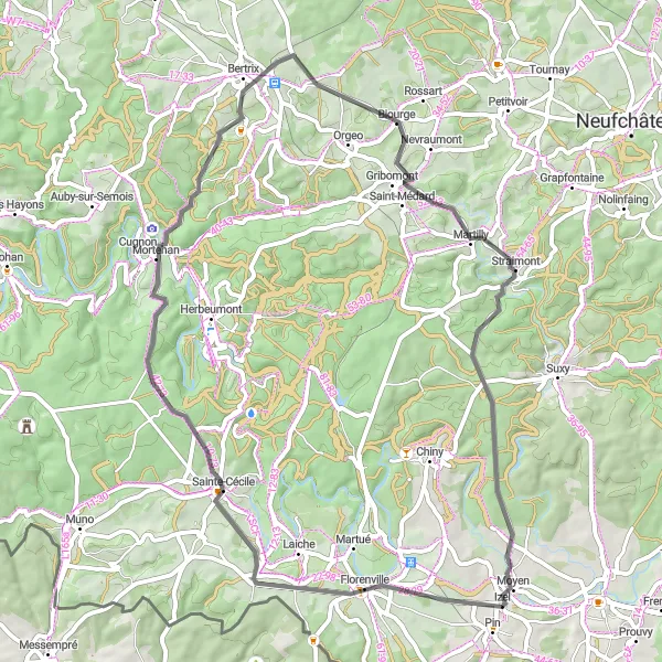 Karten-Miniaturansicht der Radinspiration "Entspannte Fahrt durch die belgische Landschaft" in Prov. Luxembourg (BE), Belgium. Erstellt vom Tarmacs.app-Routenplaner für Radtouren