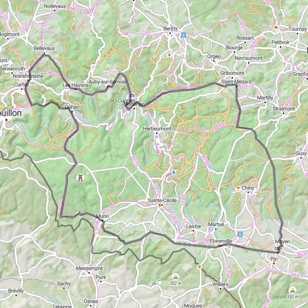 Karten-Miniaturansicht der Radinspiration "Hügeliges Abenteuer durch Muno und Cugnon" in Prov. Luxembourg (BE), Belgium. Erstellt vom Tarmacs.app-Routenplaner für Radtouren