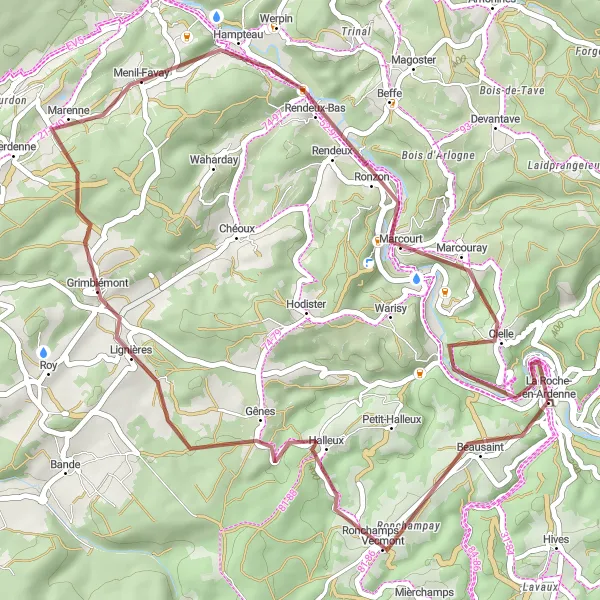 Miniatuurkaart van de fietsinspiratie "Gravelroute door de bossen van La Roche-en-Ardenne" in Prov. Luxembourg (BE), Belgium. Gemaakt door de Tarmacs.app fietsrouteplanner