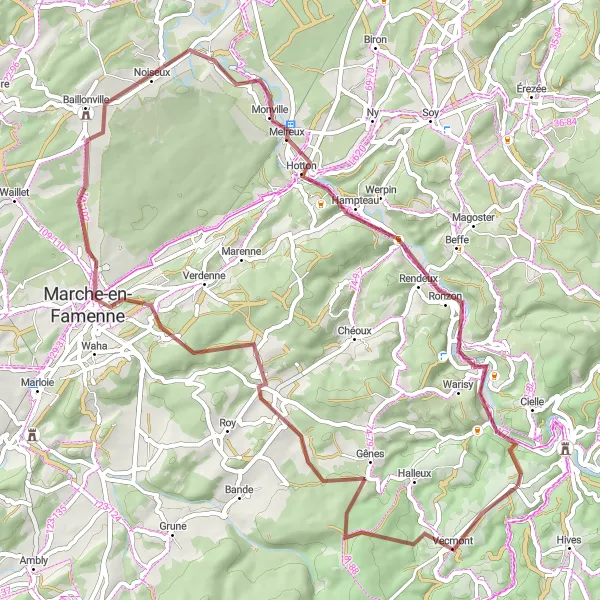 Map miniature of "Grimbiémont and Hotton Loop" cycling inspiration in Prov. Luxembourg (BE), Belgium. Generated by Tarmacs.app cycling route planner