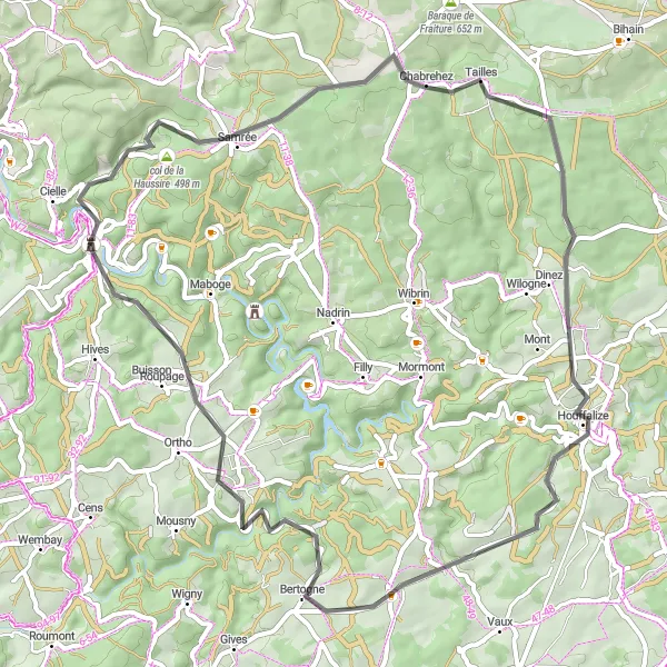 Map miniature of "Picturesque Road Route: Chabrehez and Hubermont" cycling inspiration in Prov. Luxembourg (BE), Belgium. Generated by Tarmacs.app cycling route planner