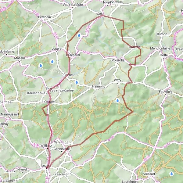 Miniature de la carte de l'inspiration cycliste "Tour de Wittimont et Cobreville" dans la Prov. Luxembourg (BE), Belgium. Générée par le planificateur d'itinéraire cycliste Tarmacs.app