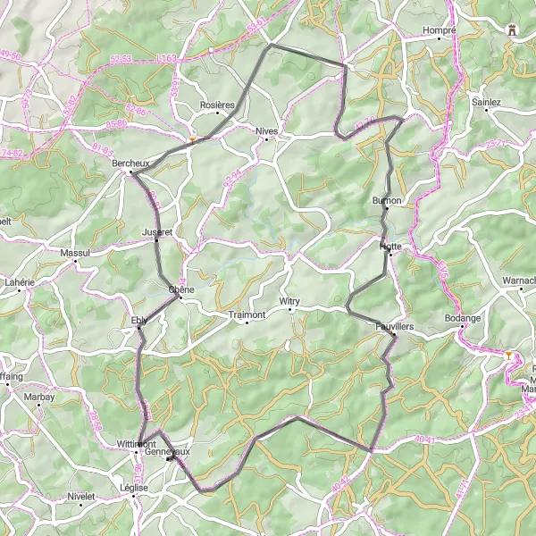 Map miniature of "Juseret and Fauvillers Loop" cycling inspiration in Prov. Luxembourg (BE), Belgium. Generated by Tarmacs.app cycling route planner