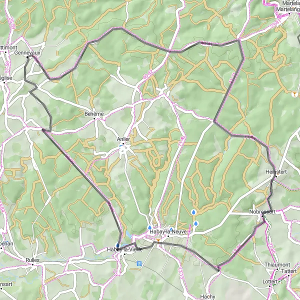 Map miniature of "Gennevaux and Nobressart Ride" cycling inspiration in Prov. Luxembourg (BE), Belgium. Generated by Tarmacs.app cycling route planner