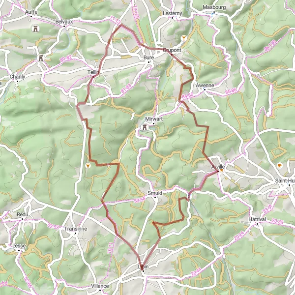 Map miniature of "Libin to Poix-Saint-Hubert Gravel Route" cycling inspiration in Prov. Luxembourg (BE), Belgium. Generated by Tarmacs.app cycling route planner
