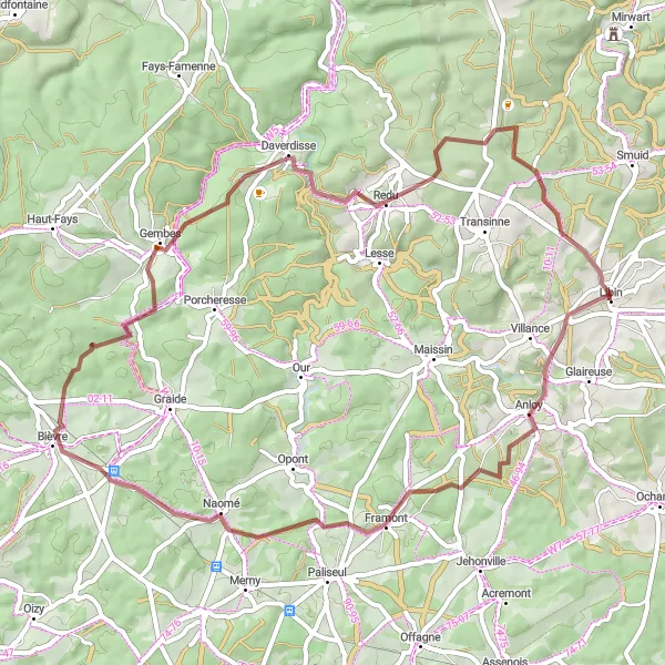 Miniature de la carte de l'inspiration cycliste "Exploration Gravel dans le Sud de Libin" dans la Prov. Luxembourg (BE), Belgium. Générée par le planificateur d'itinéraire cycliste Tarmacs.app