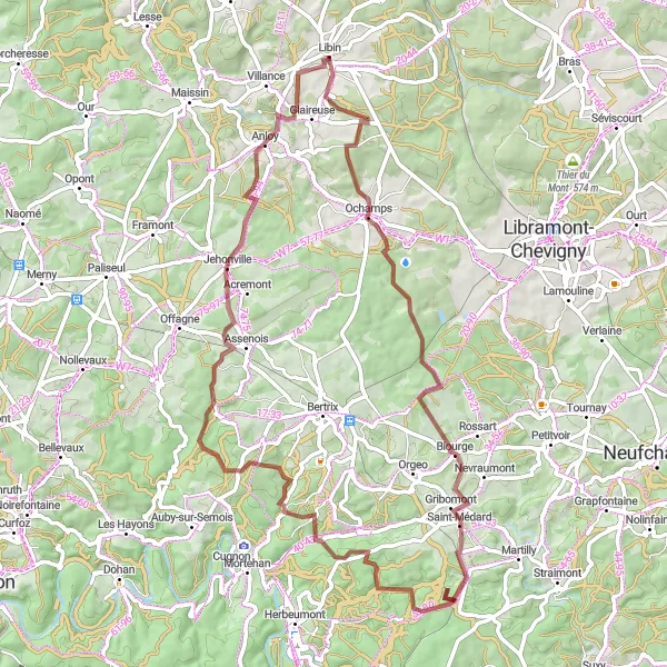 Karten-Miniaturansicht der Radinspiration "Die 65 km lange Schotterradtour durch die Natur um Libin" in Prov. Luxembourg (BE), Belgium. Erstellt vom Tarmacs.app-Routenplaner für Radtouren
