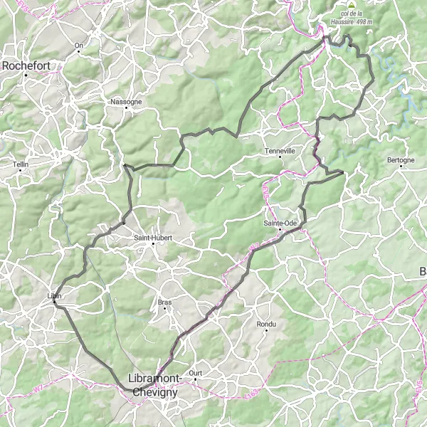 Karten-Miniaturansicht der Radinspiration "Herausforderung der Ardennen" in Prov. Luxembourg (BE), Belgium. Erstellt vom Tarmacs.app-Routenplaner für Radtouren