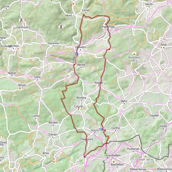 Miniatuurkaart van de fietsinspiratie "Gravel route van Limerlé naar Rocher de Hourt" in Prov. Luxembourg (BE), Belgium. Gemaakt door de Tarmacs.app fietsrouteplanner