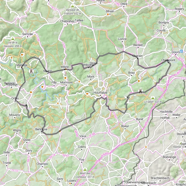 Karten-Miniaturansicht der Radinspiration "Road-Tour durch malerische Dörfer" in Prov. Luxembourg (BE), Belgium. Erstellt vom Tarmacs.app-Routenplaner für Radtouren