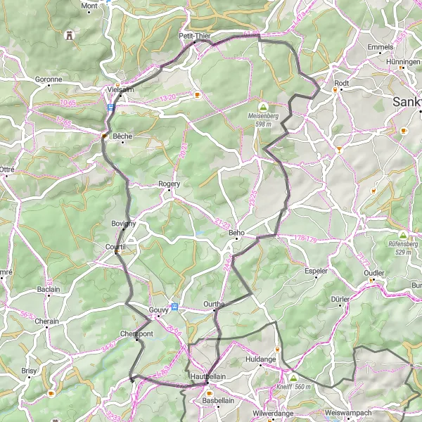 Map miniature of "Short and Sweet: Bovigny Loop" cycling inspiration in Prov. Luxembourg (BE), Belgium. Generated by Tarmacs.app cycling route planner