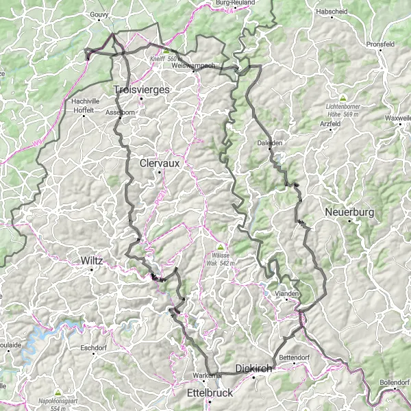 Map miniature of "Around Limerlé: Hills and Valleys" cycling inspiration in Prov. Luxembourg (BE), Belgium. Generated by Tarmacs.app cycling route planner