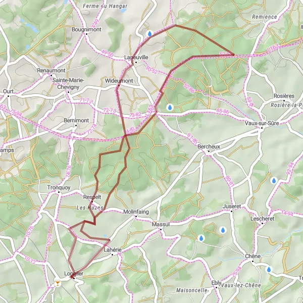 Miniature de la carte de l'inspiration cycliste "Circuit de Longlier-Planchipont-Respelt" dans la Prov. Luxembourg (BE), Belgium. Générée par le planificateur d'itinéraire cycliste Tarmacs.app