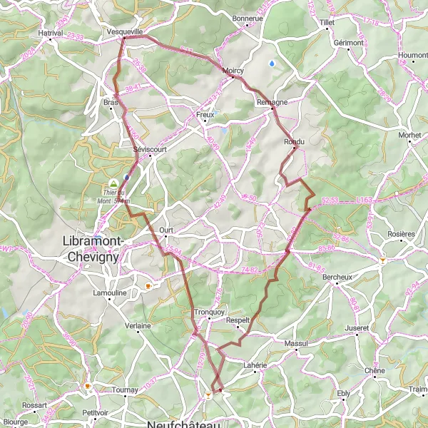 Map miniature of "Gravel Adventure: Longlier to Thier du Mont, Vesqueville, Moircy, Respelt" cycling inspiration in Prov. Luxembourg (BE), Belgium. Generated by Tarmacs.app cycling route planner