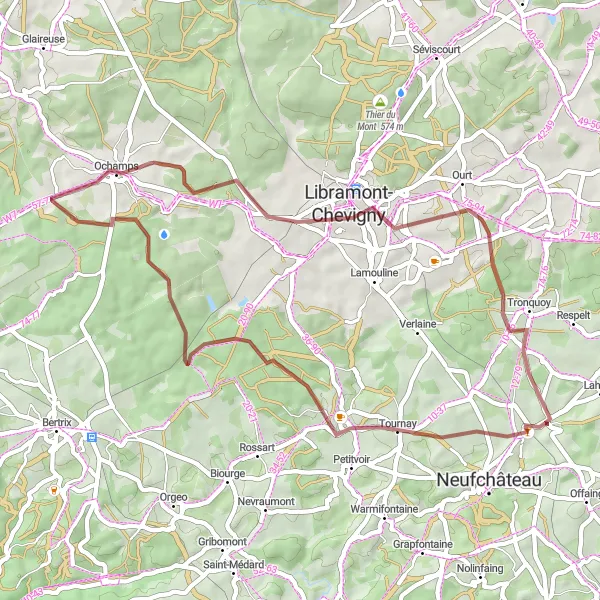 Map miniature of "Longlier - Grandvoir - Ochamps - Libramont-Chevigny - Tronquoy Loop" cycling inspiration in Prov. Luxembourg (BE), Belgium. Generated by Tarmacs.app cycling route planner