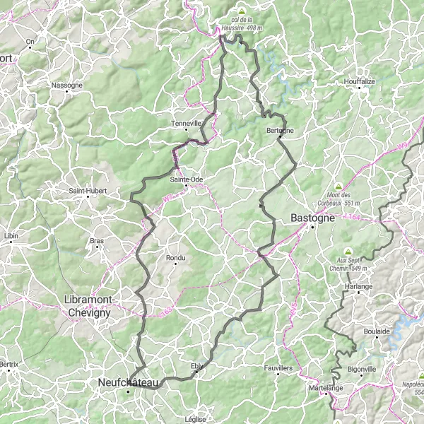 Map miniature of "Neufchâteau to Sainte-Marie-Chevigny, Moircy, Le Cheslin, La Roche-en-Ardenne, Bertogne, Remichampagne, Offaing" cycling inspiration in Prov. Luxembourg (BE), Belgium. Generated by Tarmacs.app cycling route planner