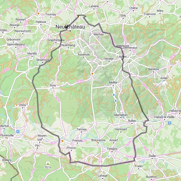 Map miniature of "Longlier - Léglise - Mortinsart - Bellefontaine - Jamoigne - Straimont Loop" cycling inspiration in Prov. Luxembourg (BE), Belgium. Generated by Tarmacs.app cycling route planner