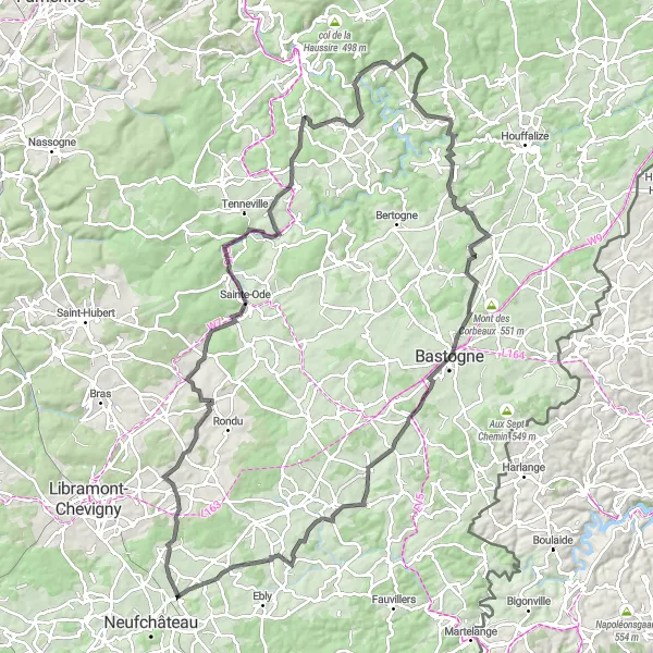 Map miniature of "Longlier - Sainte-Marie-Chevigny - Sainte-Ode - Le Cheslin - Wembay - Bérismenil - Mormont - Bastogne - Remoiville Loop" cycling inspiration in Prov. Luxembourg (BE), Belgium. Generated by Tarmacs.app cycling route planner