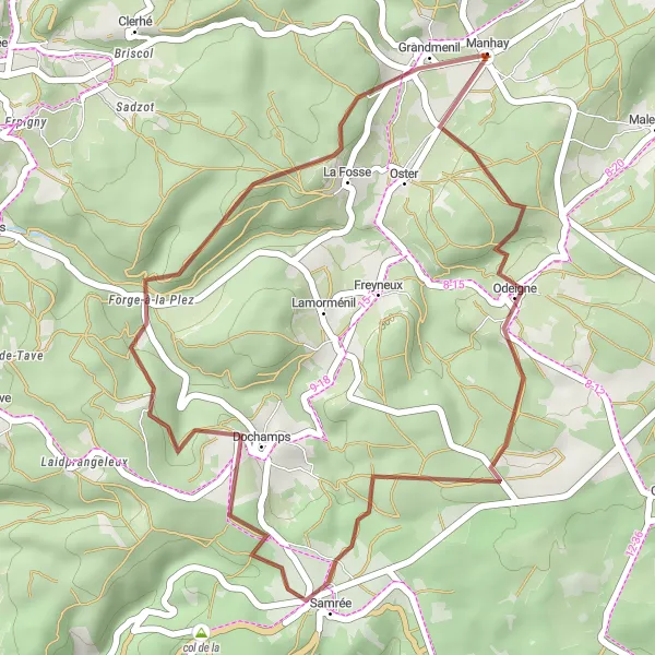 Map miniature of "Odeigne Gravel Route" cycling inspiration in Prov. Luxembourg (BE), Belgium. Generated by Tarmacs.app cycling route planner