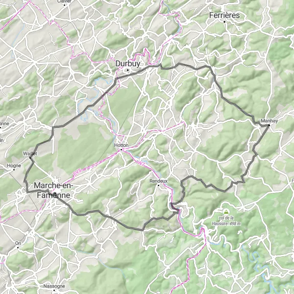 Miniatuurkaart van de fietsinspiratie "Tocht van Freyneux naar Grandmenil" in Prov. Luxembourg (BE), Belgium. Gemaakt door de Tarmacs.app fietsrouteplanner