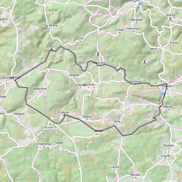 Miniatuurkaart van de fietsinspiratie "Prachtige 50 km lange fietsroute in de buurt van Manhay" in Prov. Luxembourg (BE), Belgium. Gemaakt door de Tarmacs.app fietsrouteplanner