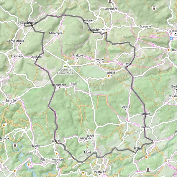 Map miniature of "Cherain Epic Ride" cycling inspiration in Prov. Luxembourg (BE), Belgium. Generated by Tarmacs.app cycling route planner