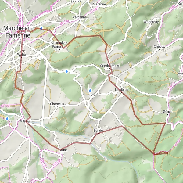 Miniatuurkaart van de fietsinspiratie "Gravelroute van Lignières naar Bande" in Prov. Luxembourg (BE), Belgium. Gemaakt door de Tarmacs.app fietsrouteplanner