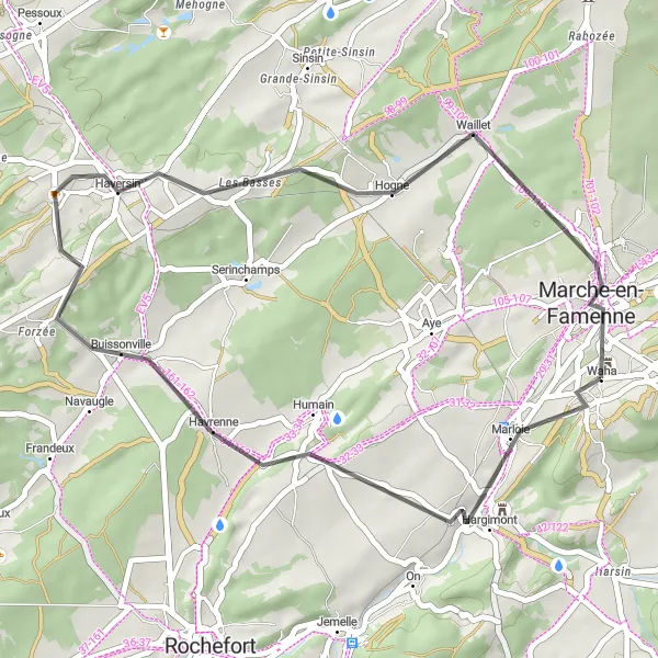 Miniatuurkaart van de fietsinspiratie "Fietsen rond Marche-en-Famenne" in Prov. Luxembourg (BE), Belgium. Gemaakt door de Tarmacs.app fietsrouteplanner