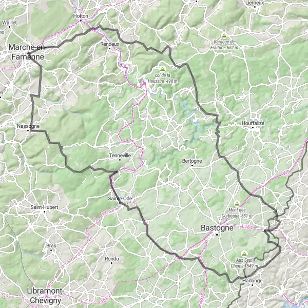 Map miniature of "Marche-en-Famenne and Belgian Ardennes" cycling inspiration in Prov. Luxembourg (BE), Belgium. Generated by Tarmacs.app cycling route planner