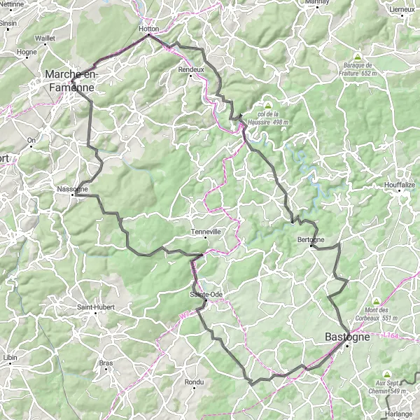Karten-Miniaturansicht der Radinspiration "Von Marche-en-Famenne nach Waha" in Prov. Luxembourg (BE), Belgium. Erstellt vom Tarmacs.app-Routenplaner für Radtouren