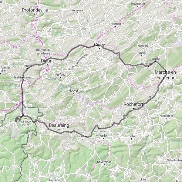 Karten-Miniaturansicht der Radinspiration "Von Marche-en-Famenne nach Dinant" in Prov. Luxembourg (BE), Belgium. Erstellt vom Tarmacs.app-Routenplaner für Radtouren