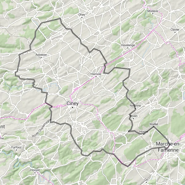 Map miniature of "Marche-en-Famenne - Sorée Loop" cycling inspiration in Prov. Luxembourg (BE), Belgium. Generated by Tarmacs.app cycling route planner