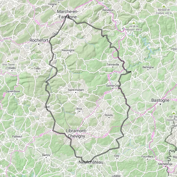 Map miniature of "The Mirwart Challenge" cycling inspiration in Prov. Luxembourg (BE), Belgium. Generated by Tarmacs.app cycling route planner