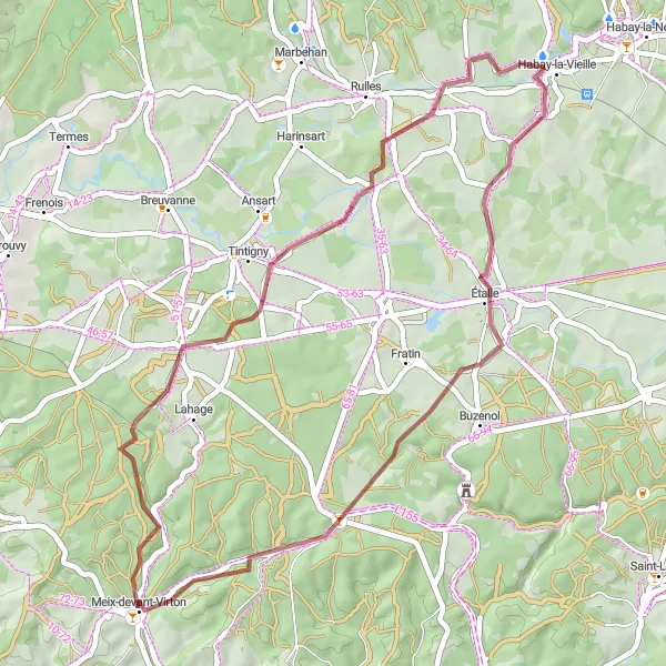 Map miniature of "Gravel Route - Villers-sur-Semois to Meix-devant-Virton" cycling inspiration in Prov. Luxembourg (BE), Belgium. Generated by Tarmacs.app cycling route planner