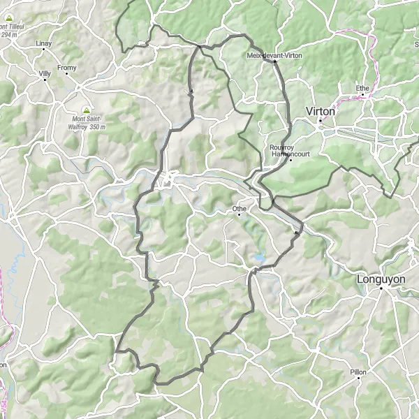 Map miniature of "Road Route - Charency-Vezin to Avioth" cycling inspiration in Prov. Luxembourg (BE), Belgium. Generated by Tarmacs.app cycling route planner